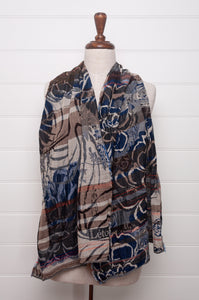 Letol organic cotton jacquard scarf in Ingrid in blue mountain blues and browns.