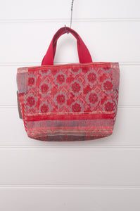 Letol mini tote bag in organic cotton made in France reversible, burnt orange floral with co-ordinating geometric print.