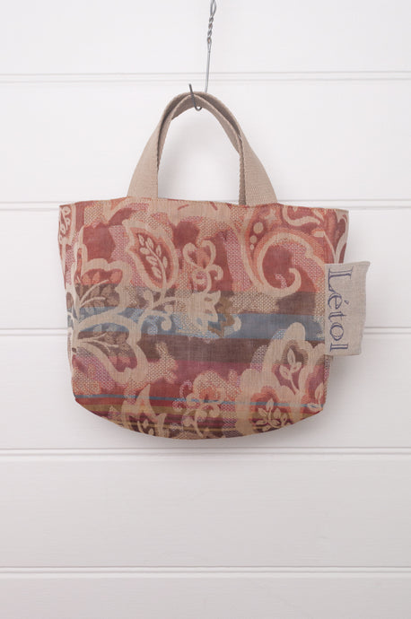 Letol mini tote bag in organic cotton made in France reversible, floral antique rose brown with co-ordinating Flavie print.