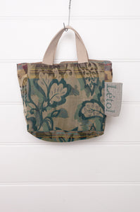 Letol mini tote bag in organic cotton made in France reversible, Carine deep teal green and brown with co-ordinating floral print.