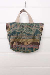 etol mini tote bag in organic cotton made in France reversible, Carine deep teal green and brown with co-ordinating floral print.