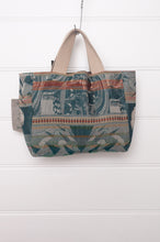 Load image into Gallery viewer, Letol mini tote bag in organic cotton made in France reversible, Carine deep teal green and brown with co-ordinating floral print.