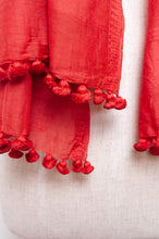 Load image into Gallery viewer, Silk and cotton scarf with pom poms in tomato red.