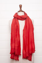 Load image into Gallery viewer, Silk and cotton scarf with pom poms in tomato red.