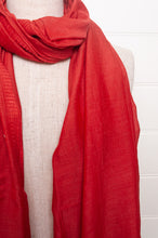 Load image into Gallery viewer, Silk and cotton scarf with pom poms in tomato red.