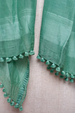 Load image into Gallery viewer, Silk and cotton scarf with pom poms in aqua green.