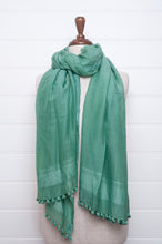 Load image into Gallery viewer, Silk and cotton scarf with pom poms in aqua green.