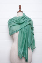 Load image into Gallery viewer, Silk and cotton scarf with pom poms in aqua green.