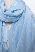 Load image into Gallery viewer, Silk and cotton scarf with pom poms in sky blue.