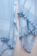 Load image into Gallery viewer, Silk and cotton scarf with pom poms in sky blue.