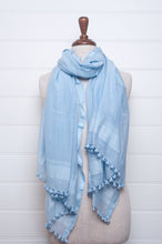 Load image into Gallery viewer, Silk and cotton scarf with pom poms in sky blue.