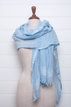 Load image into Gallery viewer, Silk and cotton scarf with pom poms in sky blue.