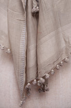 Load image into Gallery viewer, Silk and cotton scarf with pom poms in mist grey.