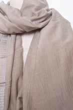 Load image into Gallery viewer, Silk and cotton scarf with pom poms in mist grey.