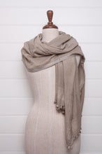 Load image into Gallery viewer, Silk and cotton scarf with pom poms in mist grey.