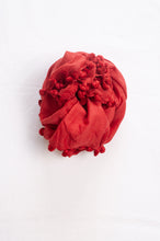 Load image into Gallery viewer, Silk and cotton scarf with pom poms in tomato red.