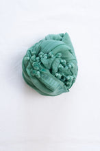 Load image into Gallery viewer, Silk and cotton scarf with pom poms in aqua green.