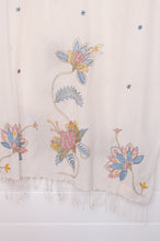 Load image into Gallery viewer, Khadi cotton hand embroidered scarf with blue and red and yellow flowers.