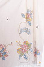 Load image into Gallery viewer, Khadi cotton hand embroidered scarf with blue and red and yellow flowers.