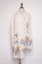 Load image into Gallery viewer, Khadi cotton hand embroidered scarf with blue and red and yellow flowers.