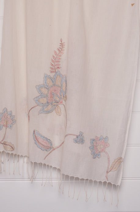 Hand embroidered hand loom cotton scarf.