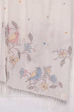 Load image into Gallery viewer, Khadi cotton hand embroidered scarf with blue and red birds and flowers.