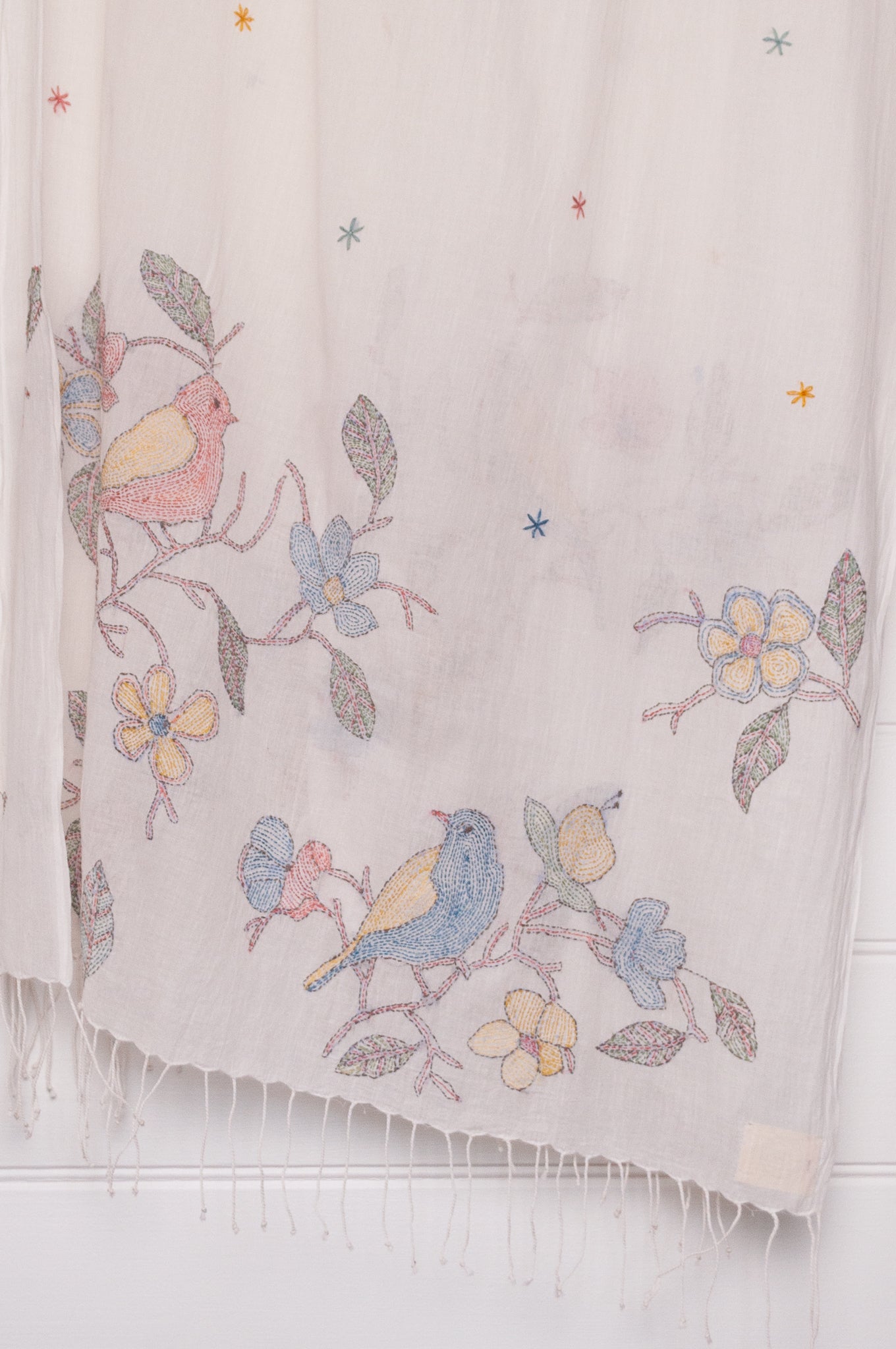 Khadi cotton hand embroidered scarf with blue and red birds and flowers.