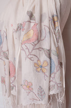 Load image into Gallery viewer, Khadi cotton hand embroidered scarf with blue and red birds and flowers.