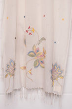 Load image into Gallery viewer, Khadi cotton hand embroidered scarf with blue and red and yellow flowers.