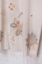 Load image into Gallery viewer, Khadi cotton hand embroidered scarf with blue and red and yellow flowers.