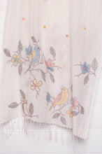 Load image into Gallery viewer, Khadi cotton hand embroidered scarf with blue and yellow birds and flowers.