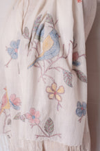 Load image into Gallery viewer, Khadi cotton hand embroidered scarf with blue and yellow birds and flowers.