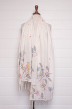 Load image into Gallery viewer, Khadi cotton hand embroidered scarf with blue and yellow birds and flowers.