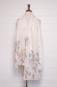 Khadi cotton hand embroidered scarf with blue and yellow birds and flowers.