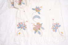 Load image into Gallery viewer, Khadi cotton hand embroidered scarf with blue and red and yellow flowers.