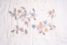 Load image into Gallery viewer, Khadi cotton hand embroidered scarf with blue and red birds and flowers.