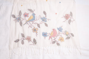 Khadi cotton hand embroidered scarf with blue and red birds and flowers.