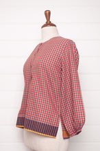 Load image into Gallery viewer, Handloom check cotton button up round neck blouse with long sleeves and selvedge hem detail.