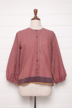 Load image into Gallery viewer, Handloom check cotton button up round neck blouse with long sleeves and selvedge hem detail.