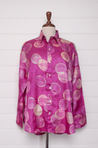 Block print tussar silk shirt in magenta dots.