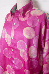 Block print tussar silk shirt in magenta dots.