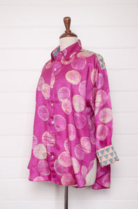 Block print tussar silk shirt in magenta dots.