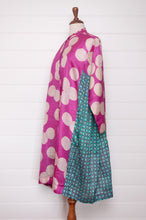 Load image into Gallery viewer, Blockprint tussar and cotton silk button up dress in magenta dot with aqua side panels.