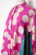 Load image into Gallery viewer, Blockprint tussar and cotton silk button up dress in magenta dot with aqua side panels.