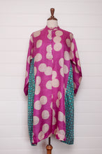 Load image into Gallery viewer, Blockprint tussar and cotton silk button up dress in magenta dot with aqua side panels.