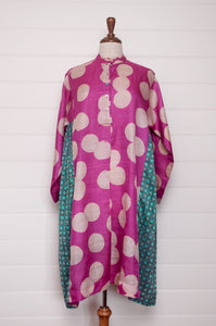 Blockprint tussar and cotton silk button up dress in magenta dot with aqua side panels.