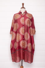 Load image into Gallery viewer, Blockprint cotton silk button up shirt dress in wine red.