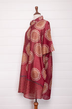 Load image into Gallery viewer, Blockprint cotton silk button up shirt dress in wine red.