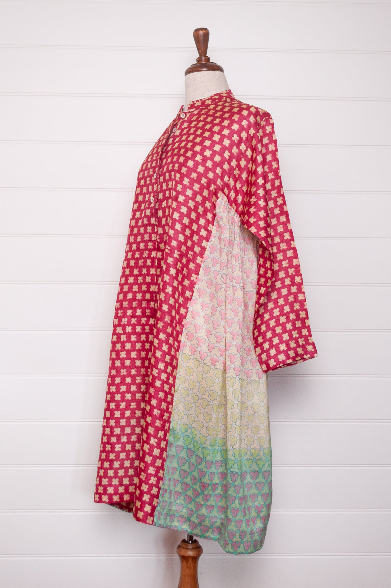 Blockprint tussar and cotton silk button up dress in red with pastel side panels.
