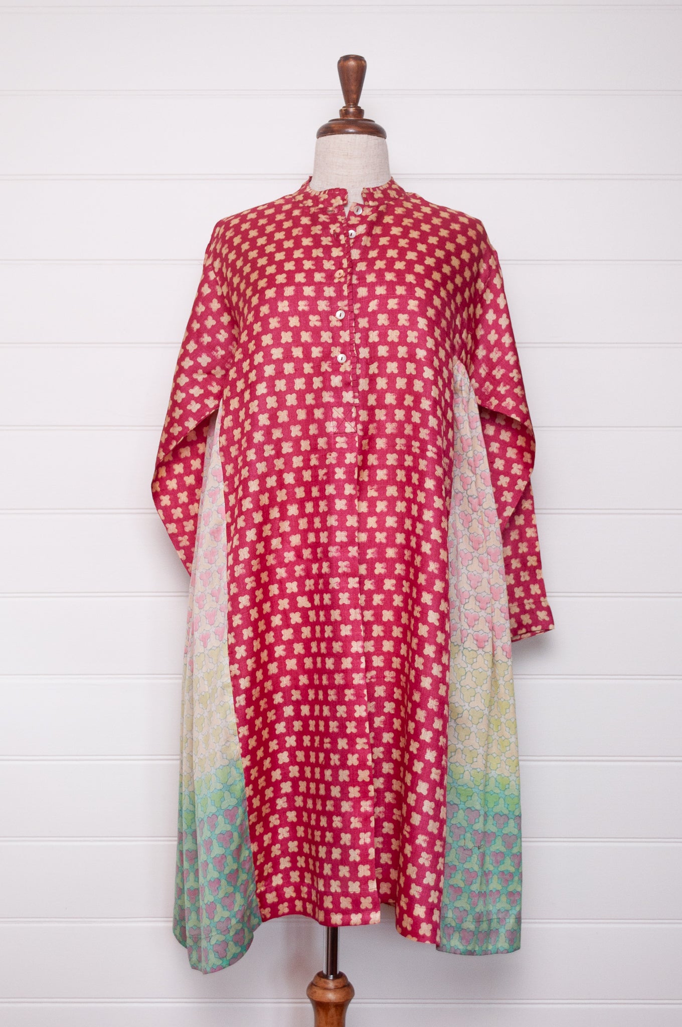Blockprint tussar and cotton silk button up dress in red with pastel side panels.